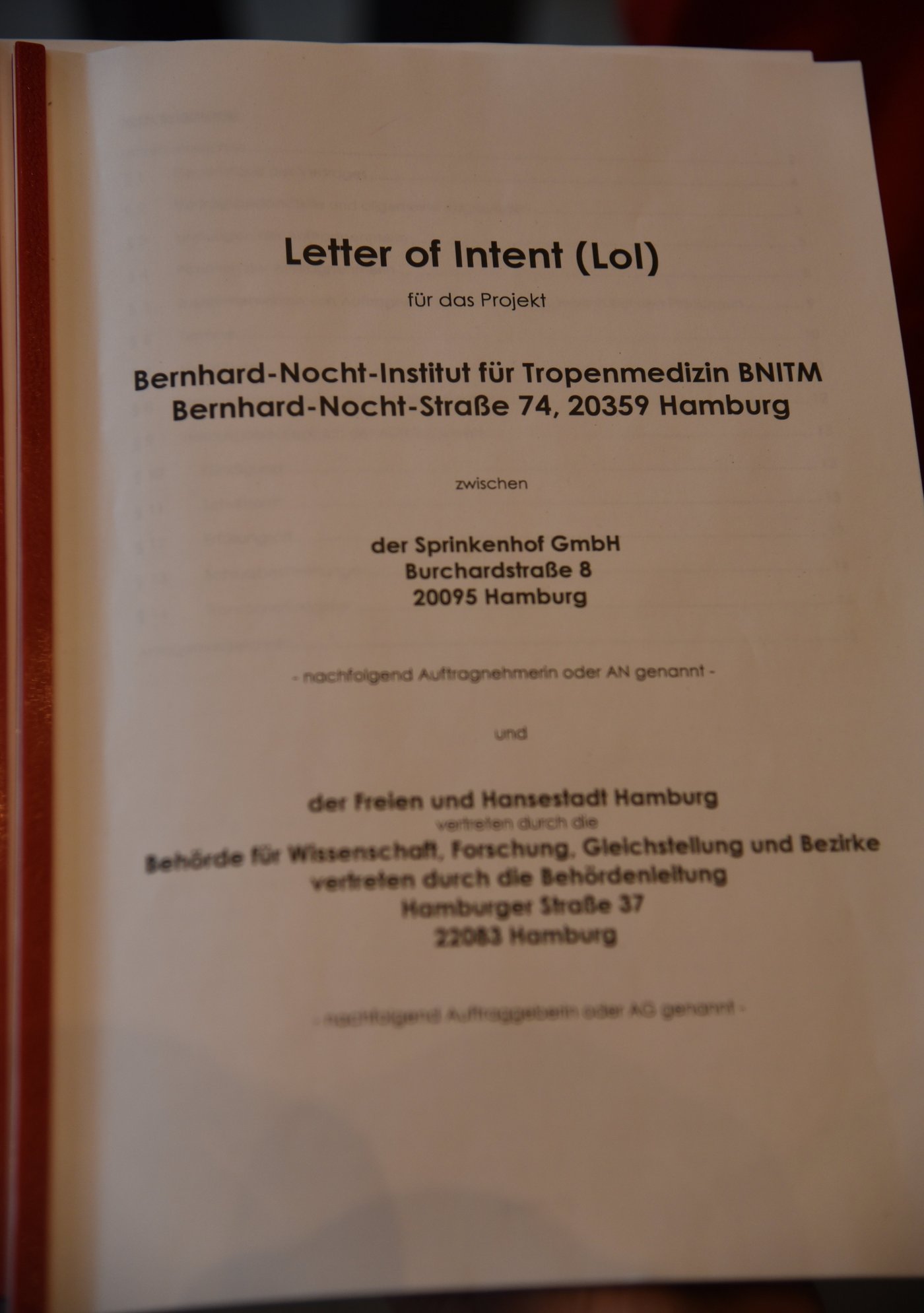 The picture shows the cover sheet of the LOI with the inscription "Letter of Intent for the Bernhard Nocht Institute for Tropical Medicine Project".