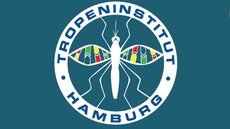A comic mosquito surrounded by a white circle with the inscription Tropeninstitut Hamburg.