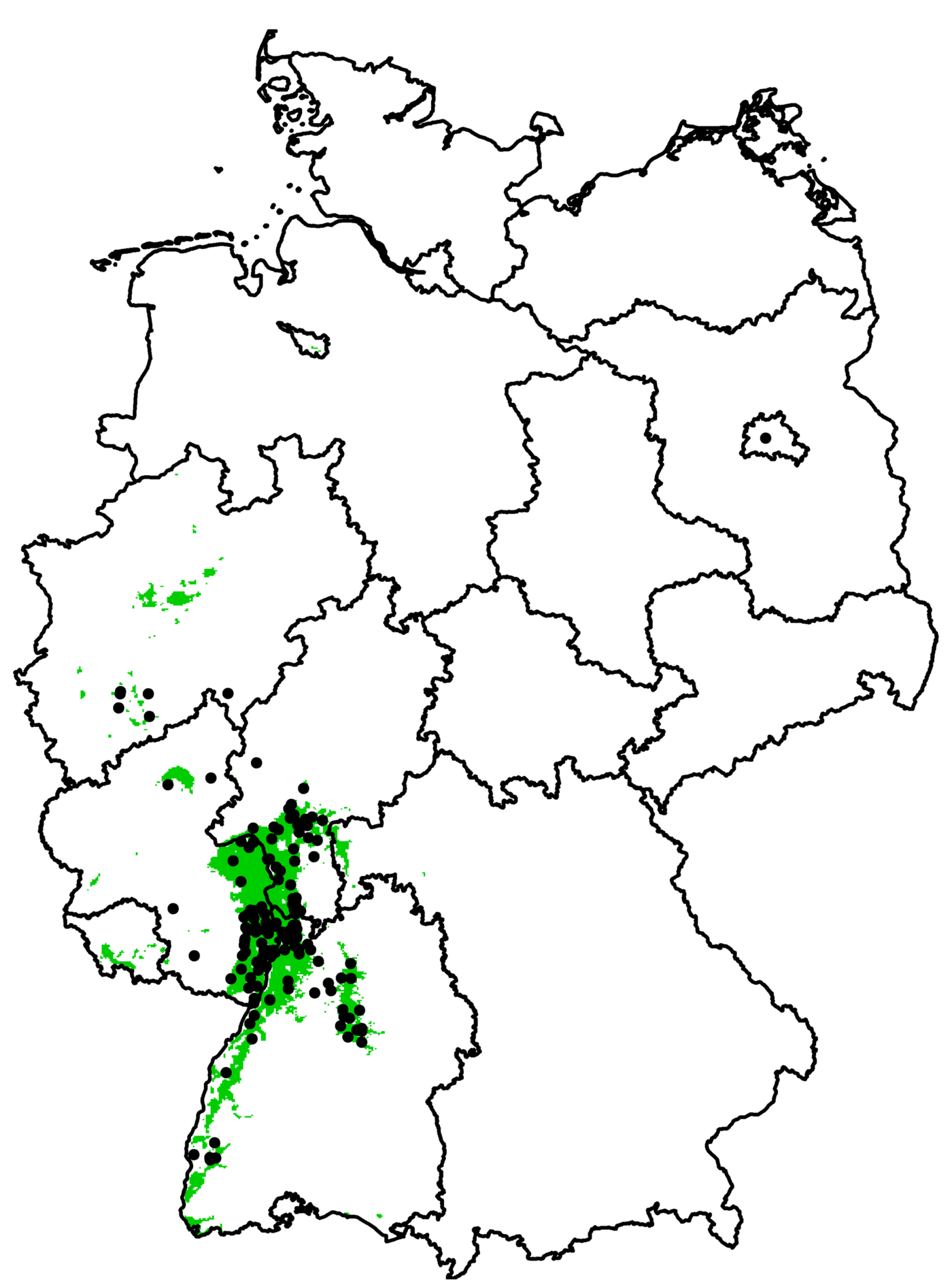 Das Bild zeigt die Usutu-Virus-Verbreitung auf einer Deutschlandkarte von 2011