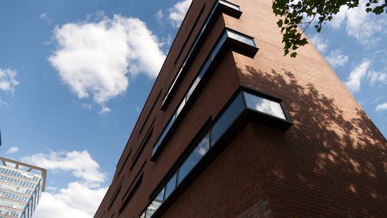 A large, modern brick building can be seen looking upwards towards the sky from below. The surrounding trees cast leafy shadows on the wall of the building
