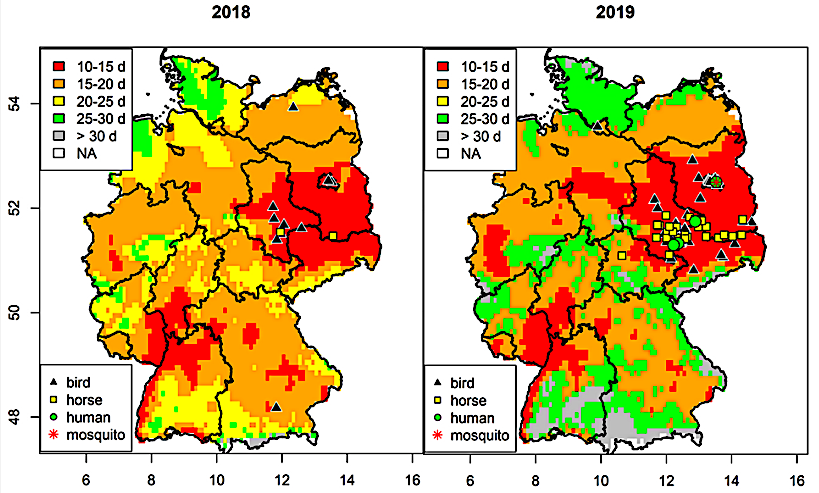 Das Bild zeigt zwei Landkarten auf denen die Verbreitung des West-Nil-Fiebers 2018 und 2019 farblich dargestellt sind.