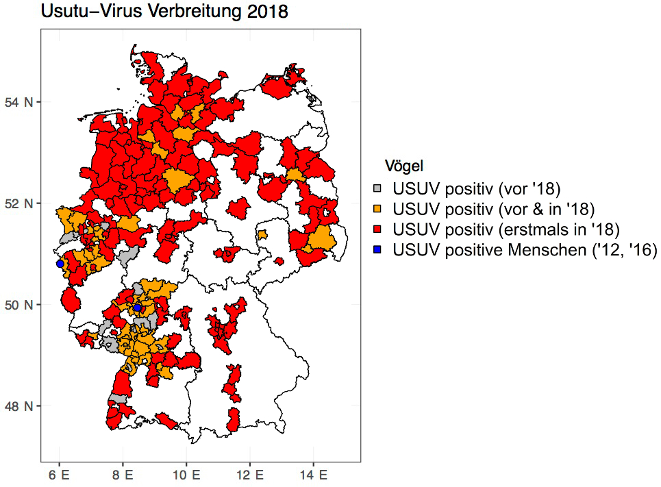 Das Bild zeigt eine Karte Deutschlands mit der Verbreitung von Stechmücken, die das Usuv-Virus übertragen.